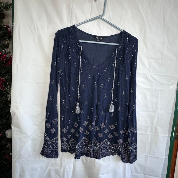 Lucky Brand Tops - Lucky Brand Blue White Tassel Diamond Print Peasant Blouse Size Medium